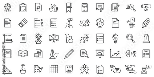 A collection of educational icons representing various academic subjects and tools.
