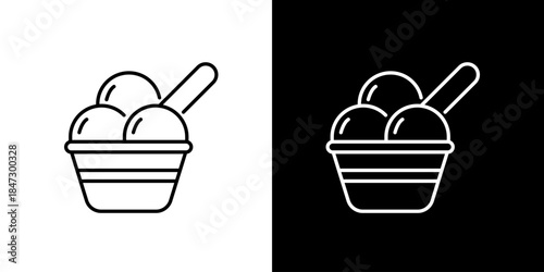 Simple Line Art Icons of Ice Cream in a Cup with a Spoon on White and Black Backgrounds