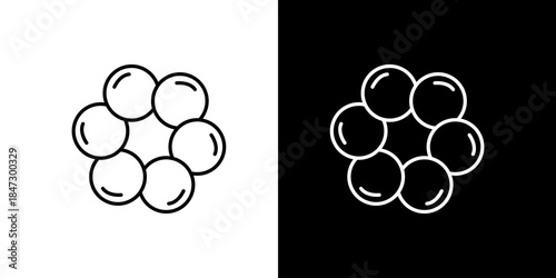 Modern geometric spheres interconnected in a hexagonal cluster arrangement, symbolizing structure, connection, or abstract scientific concepts in a minimalist line art style