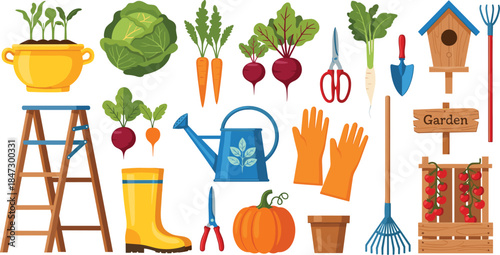 Gardening Tools and Supplies Vector Set. Cute Cartoon Vegetables, Shovel, Rake, Boots, and Watering Can Illustration.