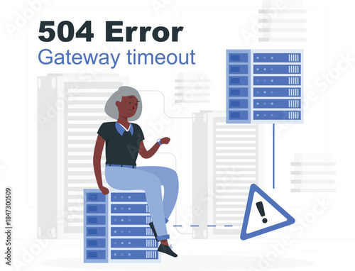 Woman sitting on stack of servers experiencing a gateway timeout error in a data center