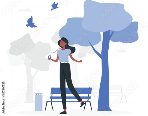 A woman enjoying a serene moment on a park bench surrounded by trees and birds