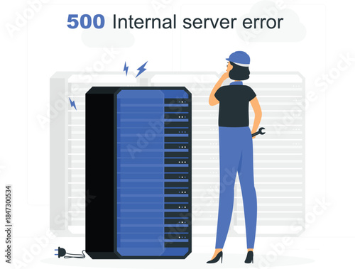 A person in a blue uniform and hat stands beside a server with a 500 internal server error message displayed