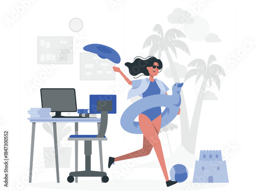 Woman in swimsuit running with inflatable ring and umbrella in office setting with tropical background