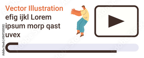 Video tutorials, media streaming, online learning, digital content, entertainment platforms, user interaction. Play button with progress bar and person gesturing. Video streaming and digital content