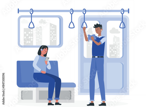 A man stands holding onto a subway handrail while a woman sits on a bench inside the train, surrounded by cityscape windows, in an illustration style.