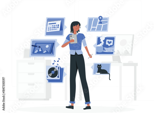 A woman interacts with digital interfaces in a modern office environment with a cat nearby