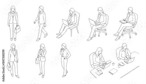 Working Women Side View Vector – Formal Wear, Editable Illustration Set