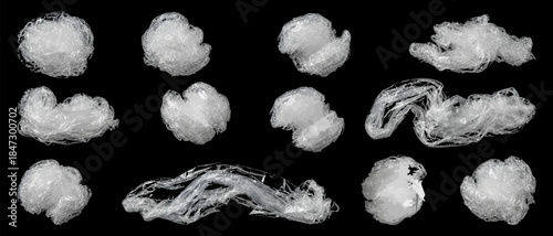Collection of various crumpled plastic film pieces isolated on black background for pollution recycling or packaging concept.