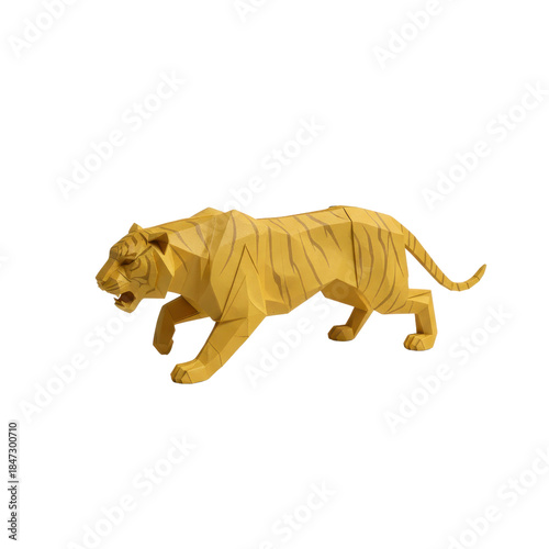 Golden low-poly tiger sculpture in a dynamic stalking pose with visible polygonal facets.
