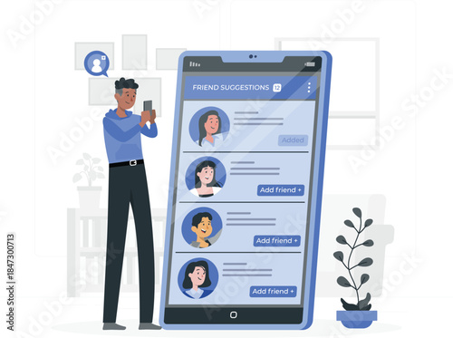 A man interacting with a large smartphone displaying a friend suggestion interface in a minimalist environment