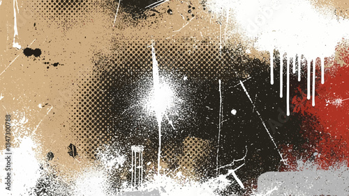 Abstract urban grunge background with splatters paint splotches dripping paint and halftone pattern on dirty scratched surface.