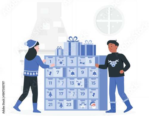 Two people opening an Advent calendar together on a winter morning