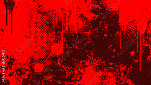 Abstract red grunge distressed texture background, dark black background with paint splashes, splatters, halftone, and ink drips.