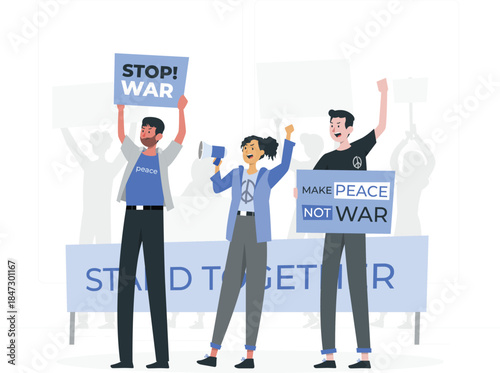 People protesting together for peace, holding signs against war in a unified demonstration.