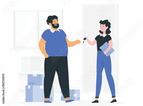 Man and woman exchanging keys in a modern office environment with boxes