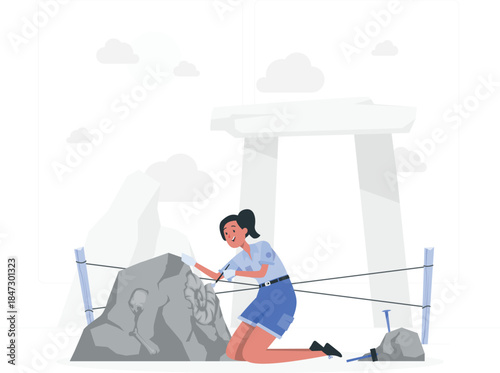 Woman tying rope to rock