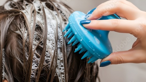 Invigorating scalp massage with a blue brush during hair washing ritual at home