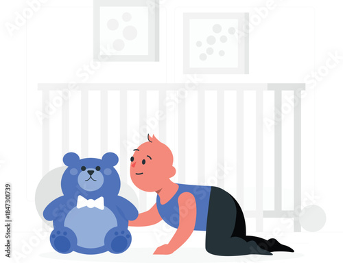 Baby playing with blue teddy bear