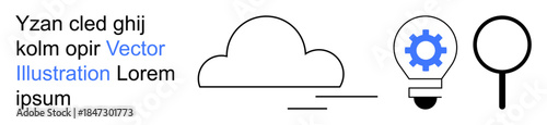 Cloud computing, innovation, technology research, data analysis, digital solutions, creative thinking. A cloud, gear in lightbulb and magnifying glass icon. Cloud computing and innovation theme