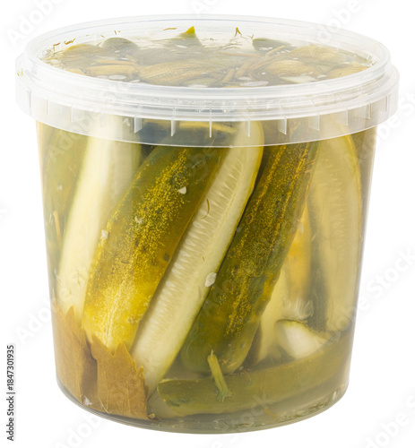 Pickled cucumbers in plastic container with brine. Cooking salt cucumber. Traditional fermented vegetables. Food storage and preservation. Homemade pickles. Snacks, healthy diet. Isolated background