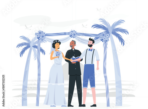 Couple getting married on a serene beach with a celebrant under a decorated archway surrounded by palm trees