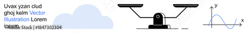Data analysis, balance, cloud storage, mathematics, technology, business strategy. Cloud icon, balance scale and graph visualization in a minimal style. Data analysis and balance concept