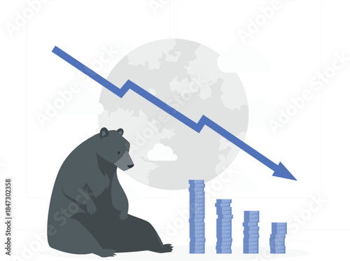 A bear sitting in front of a declining graph and stacks of money under a full moon