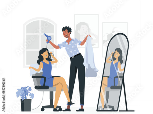 A stylist using a hair dryer on a client's hair in a salon, viewed from the side as the client looks into the mirror