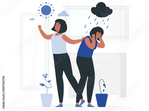 Two women reacting differently to the weather, one enjoying sunshine while the other is upset by rain indoors near plants