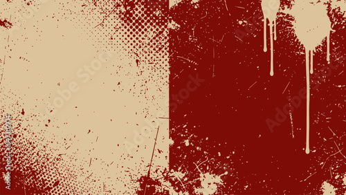 Abstract distressed beige and red grunge background with paint splatters, halftone dots, and rough texture for vintage effect.