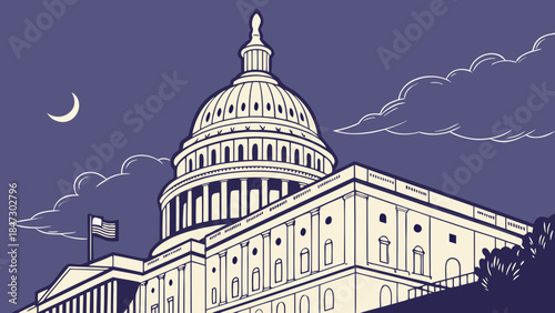 Washington dc skyline with us capitol building and american flag  perfect for patriotic designs, travel guides, and educational materials.