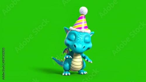 Fully isolated whimsical cartoon baby dragon on a solid green screen performing a cheerful wave while wearing a tiny birthday cap animation, simple action, fantasy creature