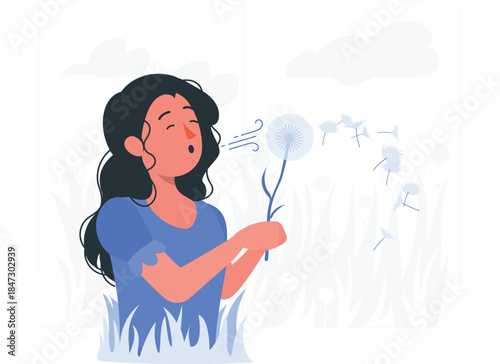 A young woman holding a dandelion with seeds blowing away in the wind on a serene day