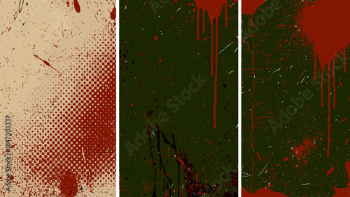 Three grunge backgrounds featuring red ink splatters, halftone patterns, and distressed textures for versatile graphic applications.
