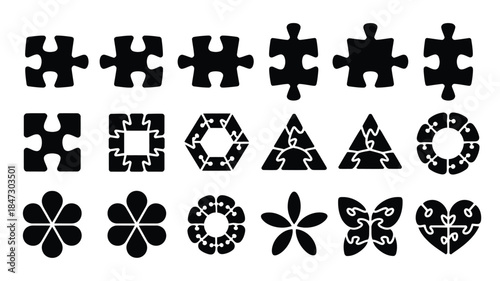 A collection of black silhouette puzzle pieces and various geometric shapes on a clean white surface