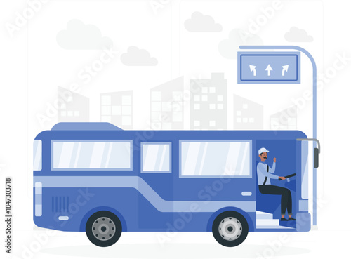 A bus driver waiting at a bus stop in a city environment viewed from the side