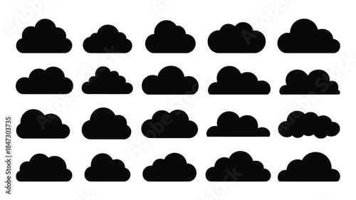 A collection of various black cloud silhouettes presented against a pristine white background