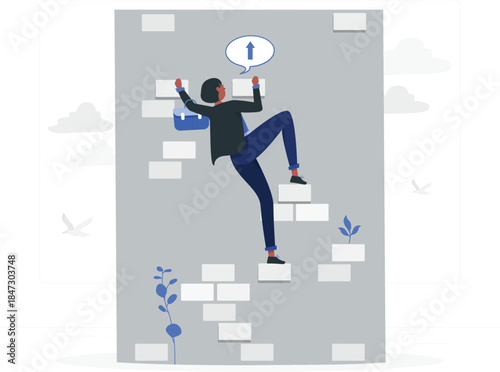 A person climbing stairs with a laptop and speech bubble, illustrating progress and communication in a modern setting from a straightforward viewpoint