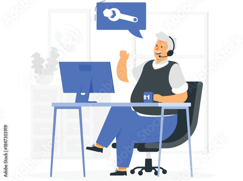 A person working on a computer while wearing a headset in an office setting