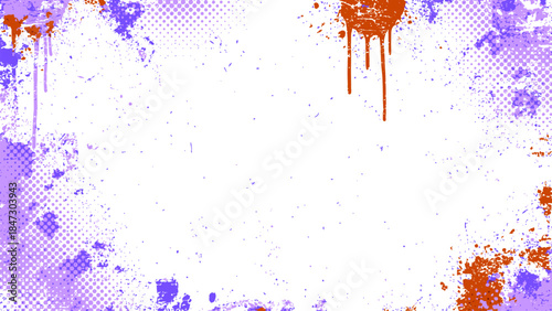 Abstract purple and orange grunge background with splatter effect, paint drips, and halftone texture, ideal for artistic and edgy designs.