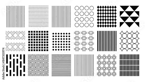 A comprehensive assortment of twenty unique black and white graphic patterns displayed in a uniform grid