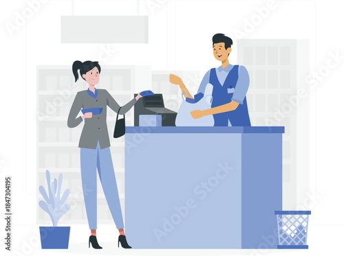 Woman receiving printed documents from a man behind a counter in a modern office environment