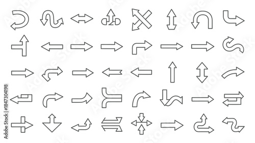 A comprehensive collection of diverse outline arrow symbols pointing in many directions on a white background