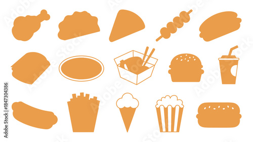 A comprehensive set of monochrome fast food silhouettes featuring common items like burgers, fries, pizza, and hot dogs