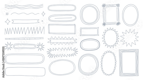 A diverse collection of hand drawn sketchy frames, borders, and lines on a clean white background