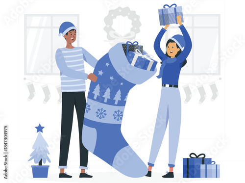 Two people happily exchanging Christmas gifts in a cozy living room scene