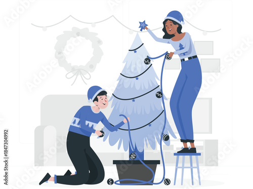 Two women decorating a Christmas tree together in a cozy living room
