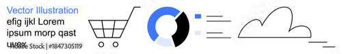 E-commerce, cloud technology, data analysis, online communication, digital marketing, design elements. Shopping cart, pie chart cloud and text. E-commerce and cloud technology