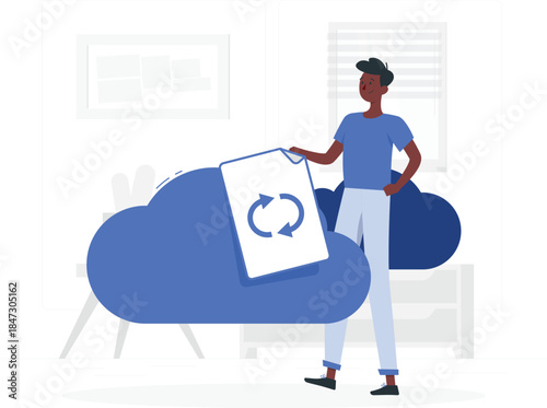 Man holding a document with a refresh symbol standing next to a large cloud